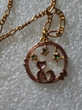 Hand Crafted Gold-Tone Cat Bracelet / Anklet with Green Star Accents